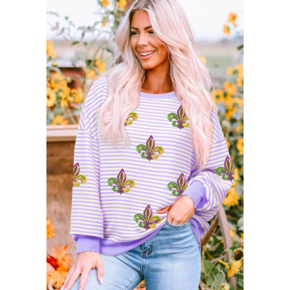Purple Stripe Mardi Gras Sequin Fleur De Lis Patch Long Sleeve Top - Picture 2 of 11